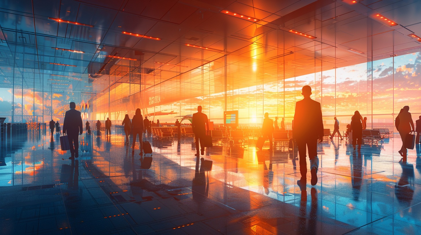 Business professionals in smart attire walking through a modern airport